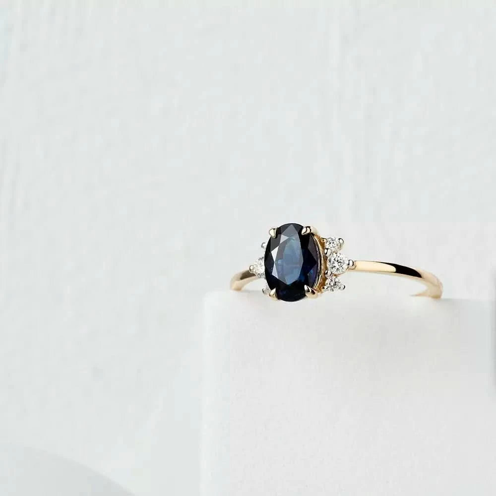 1.43 CT Dark Blue Safir ve Pırlanta Taşlı Sarı Altın Yüzük