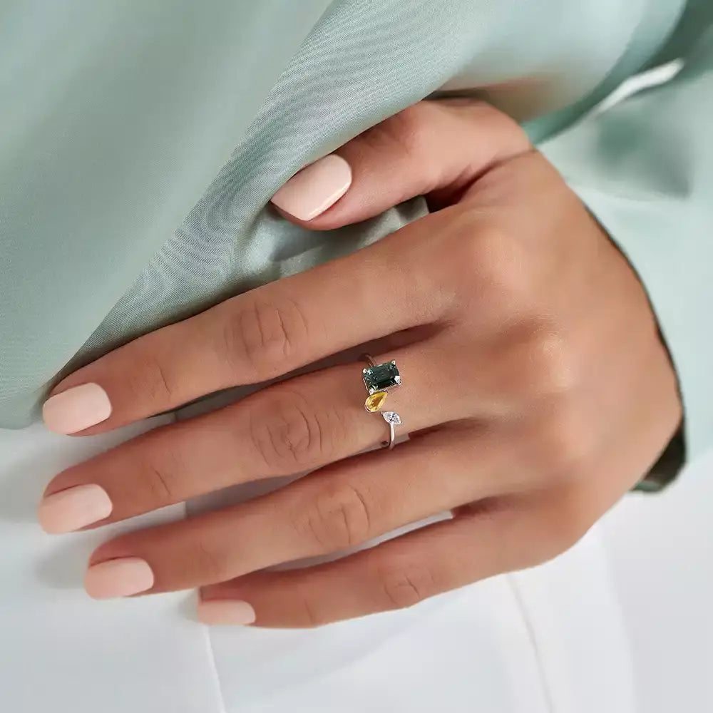 1.55 CT Multicolor Safir ve Pırlanta Taşlı Beyaz Altın Yüzük