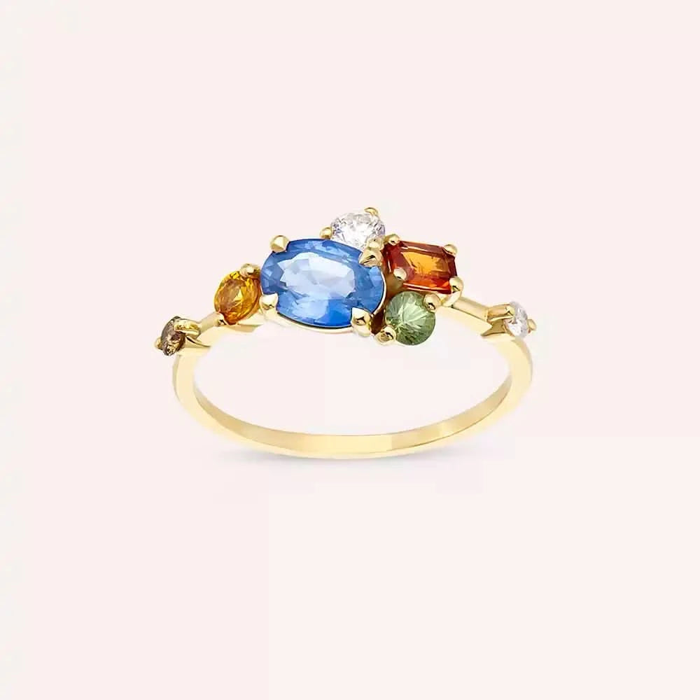 1.60 CT Multicolor Safir ve Pırlanta Taşlı Sarı Altın Yüzük