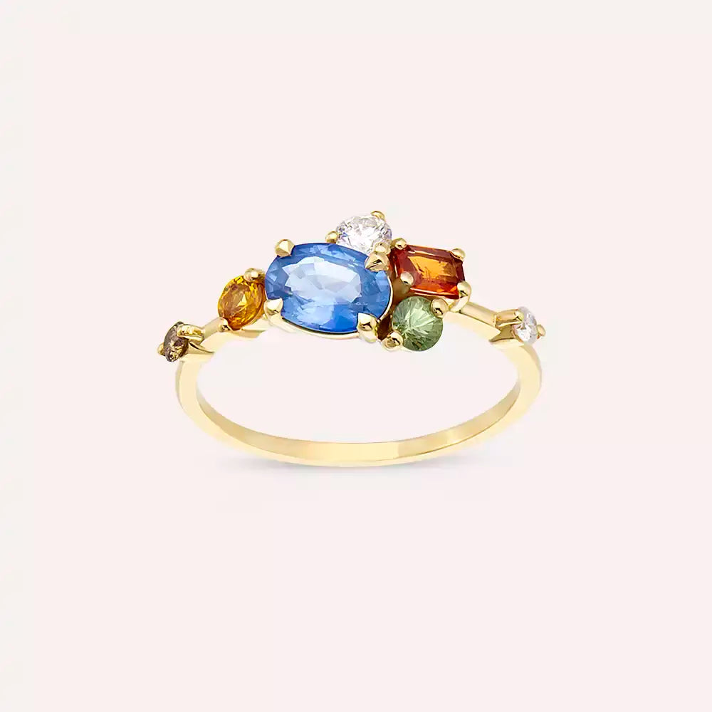 1.60 CT Multicolor Safir ve Pırlanta Taşlı Sarı Altın Yüzük