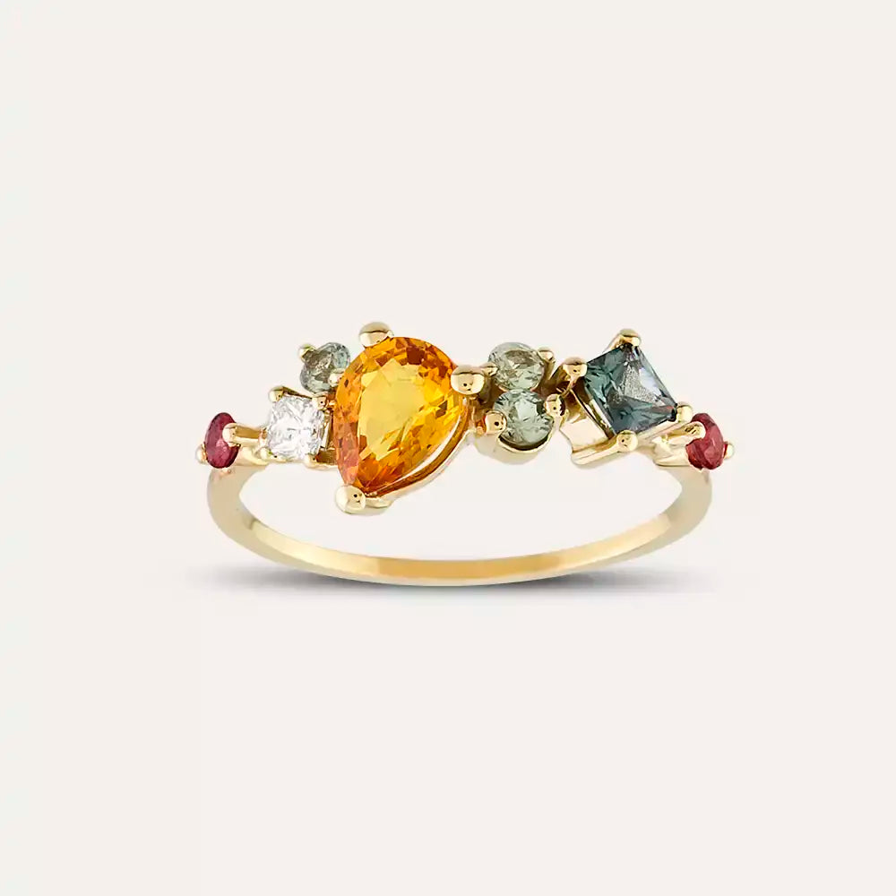 1.64 CT Multicolor Safir ve Pırlanta Taşlı Sarı Altın Yüzük