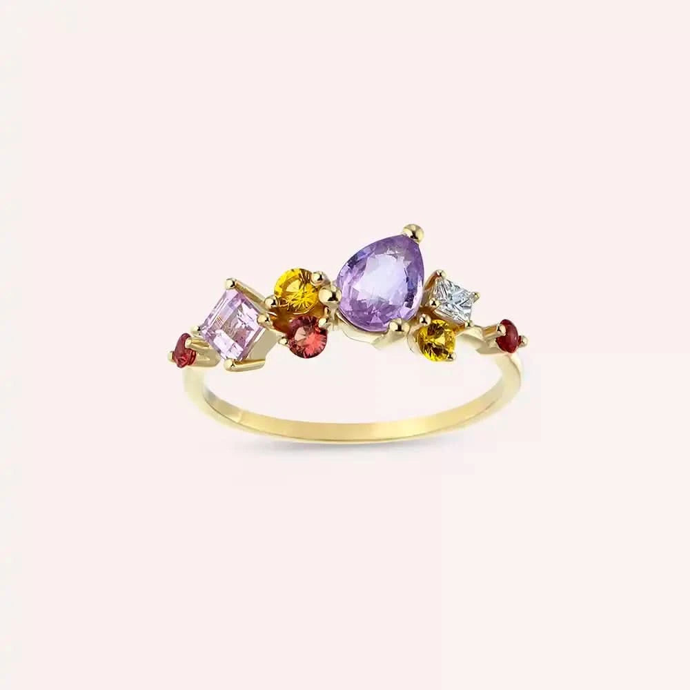 1.66 CT Multicolor Safir ve Pırlanta Taşlı Sarı Altın Yüzük