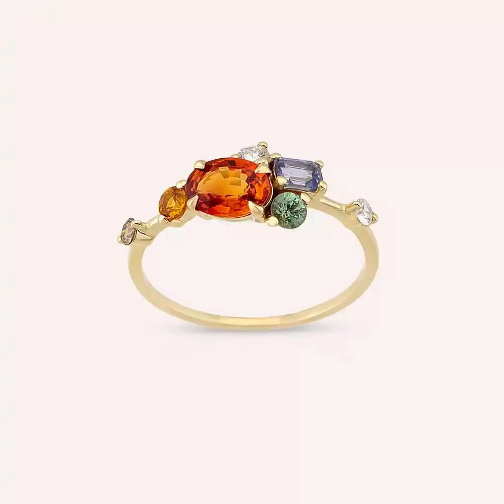 1.68 CT Multicolor Safir ve Brown Pırlanta Taşlı Sarı Altın Yüzük