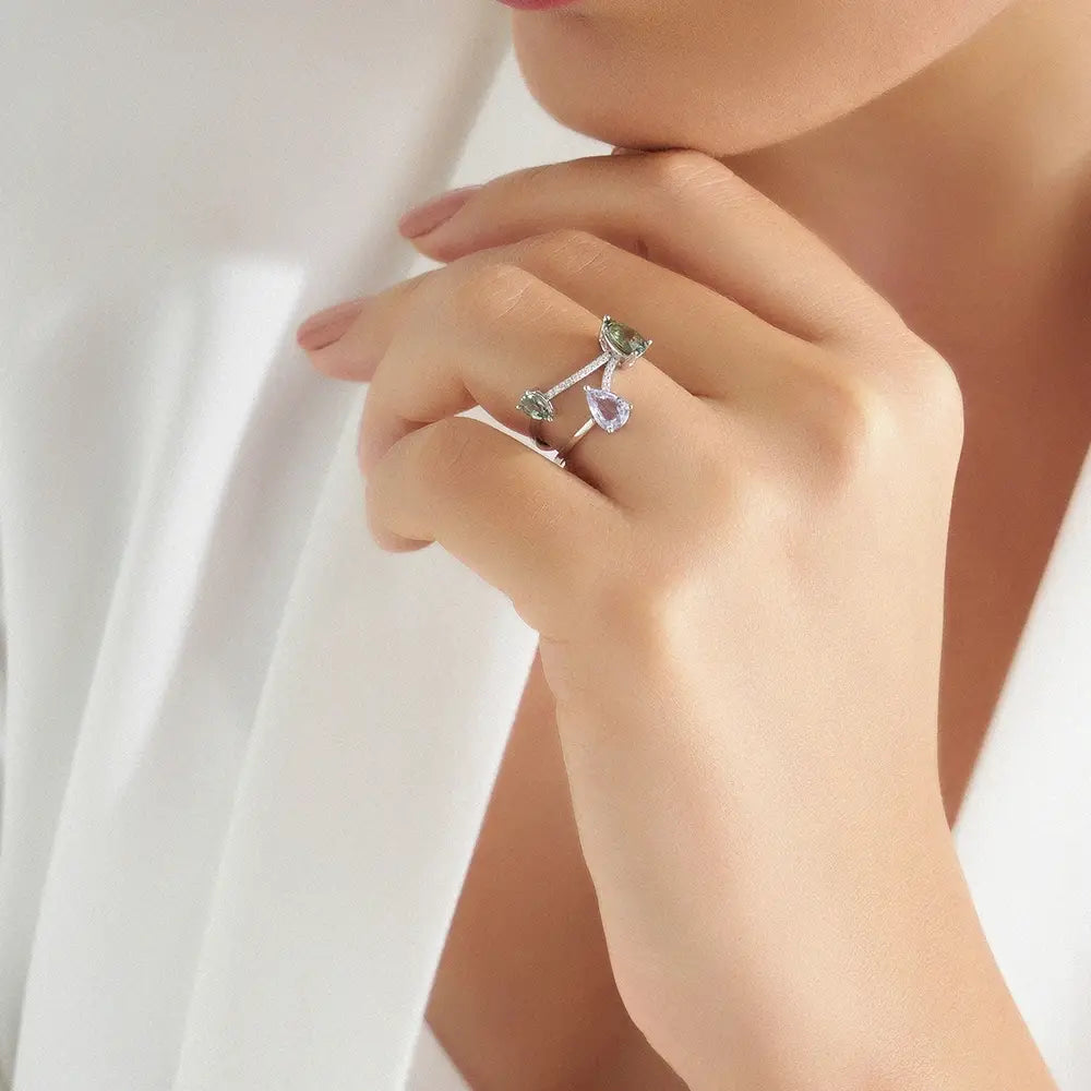 1.69 CT Multicolor Safir ve Pırlanta Taşlı Beyaz Altın Yüzük