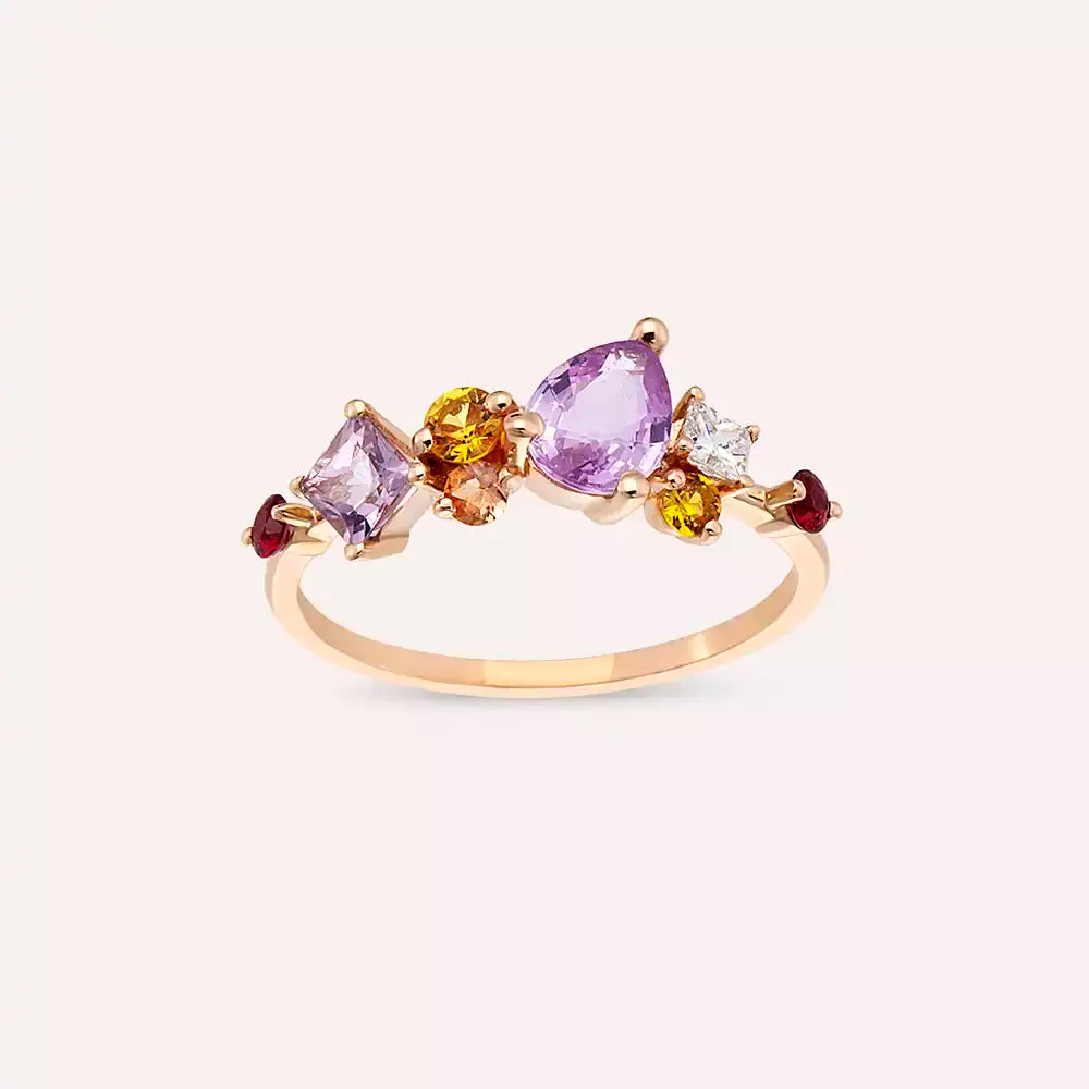 1.74 CT Multicolor Safir ve Pırlanta Taşlı Rose Altın Yüzük