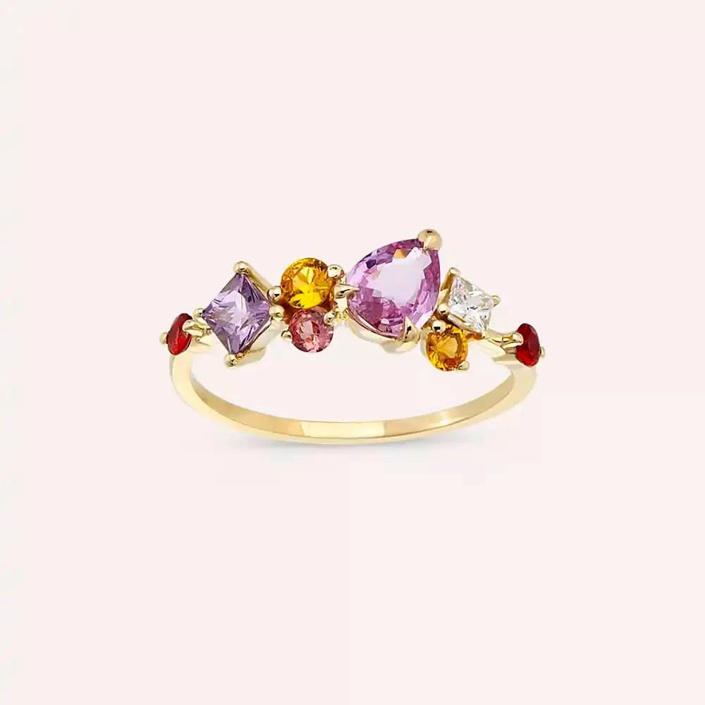 1.82 CT Multicolor Safir ve Pırlanta Taşlı Sarı Altın Yüzük