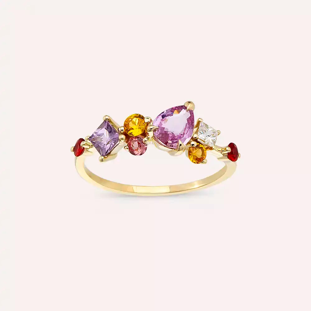 1.82 CT Multicolor Safir ve Pırlanta Taşlı Sarı Altın Yüzük