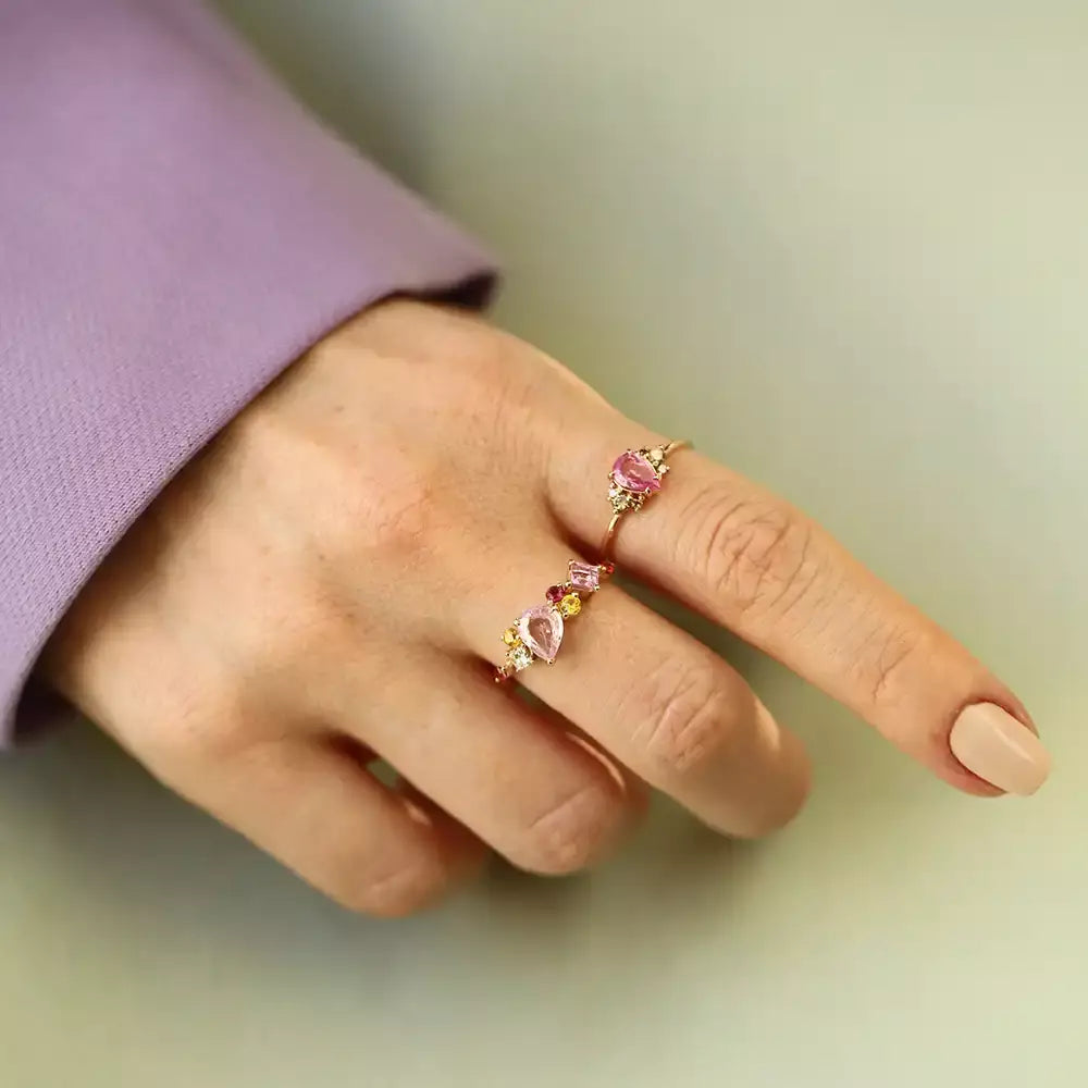 1.82 CT Multicolor Safir ve Pırlanta Taşlı Sarı Altın Yüzük