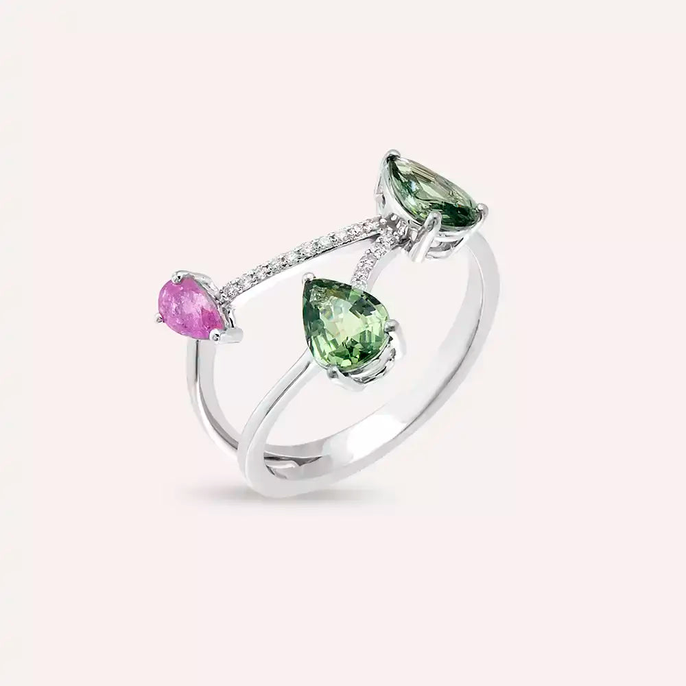 1.99 CT Multicolor Safir ve Pırlanta Taşlı Beyaz Altın Yüzük