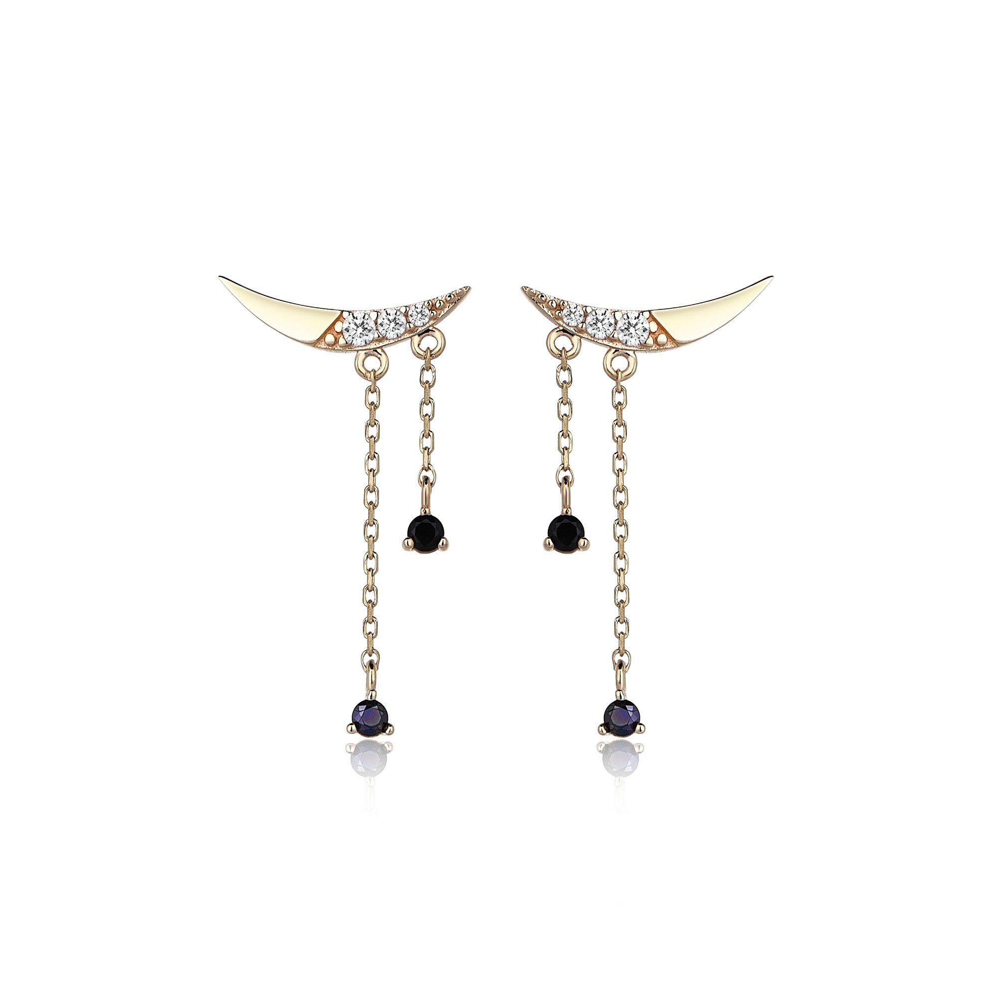 Taşlı Hilal Zincir Sallantılı Altın Küpe