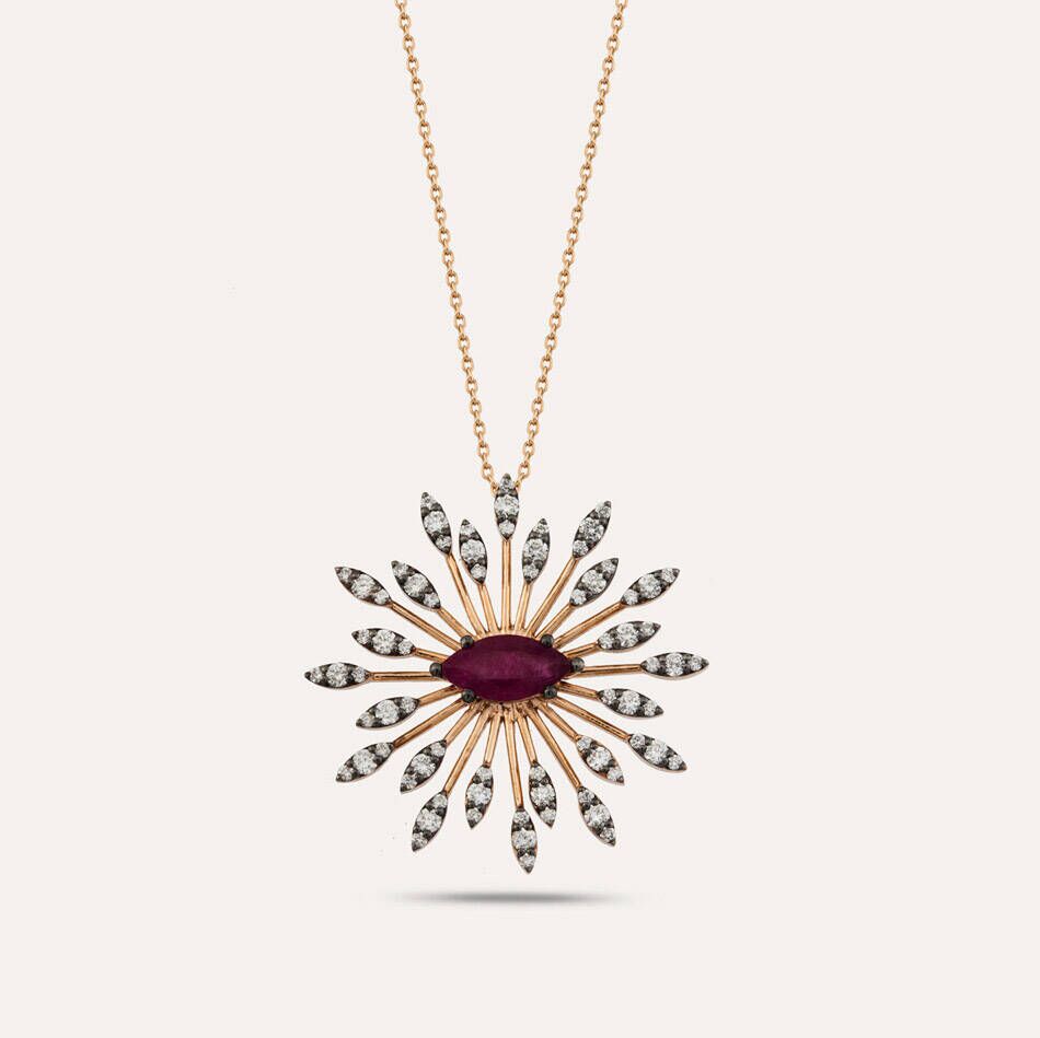 Shine 1.60 CT Yakut ve Pırlanta Taşlı Rose Altın Kolye