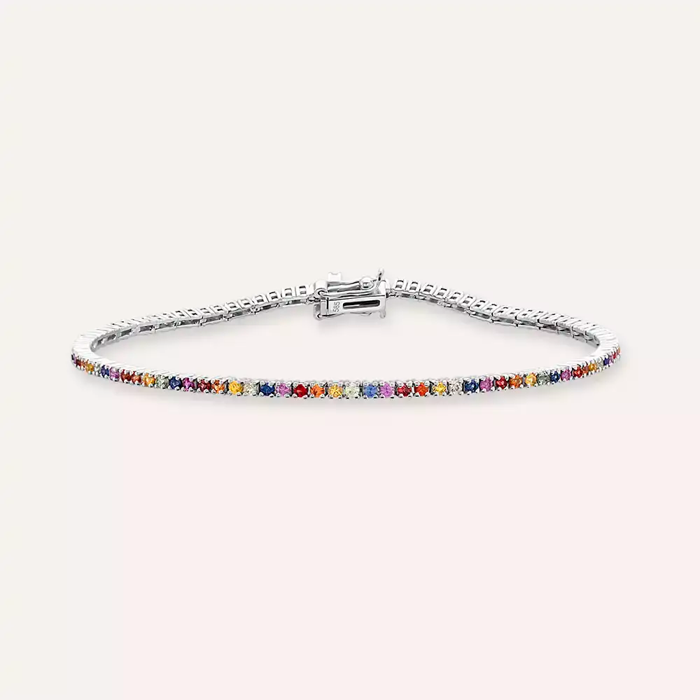 2.00 CT Multicolor Safir Taşlı Beyaz Altın Suyolu Bileklik