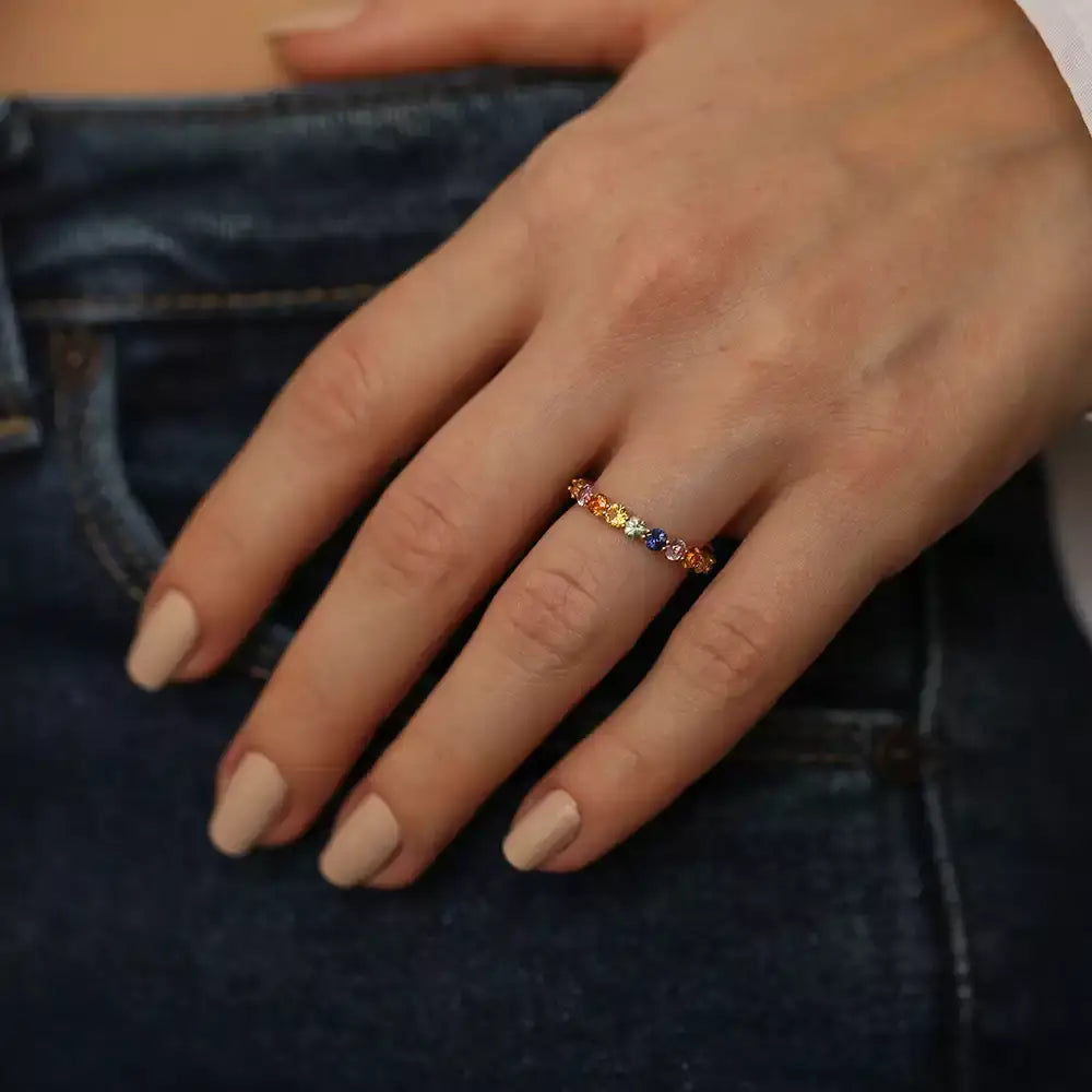 2.60 CT Multicolor Safir Taşlı Sarı Altın Yüzük