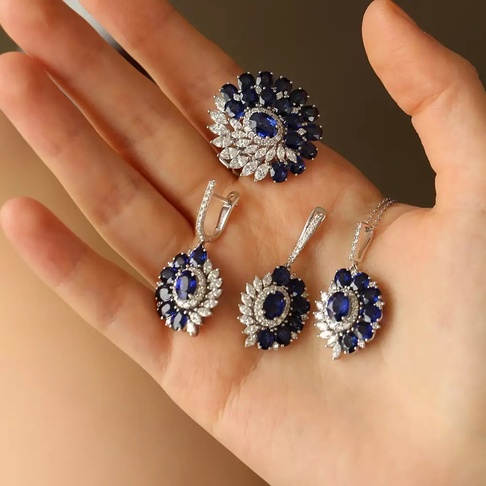 9.22 CT Safir ve Pırlanta Taşlı Beyaz Altın Yüzük