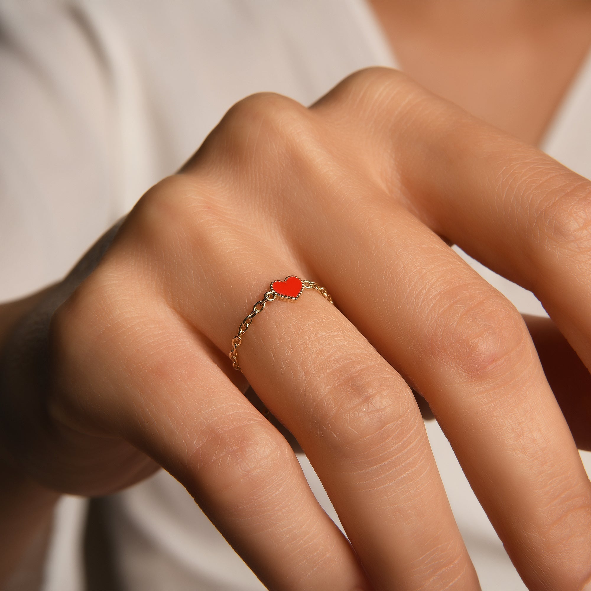 Cherry Mineli Kalp Ayarlanabilir Zincirli Altın Yüzük