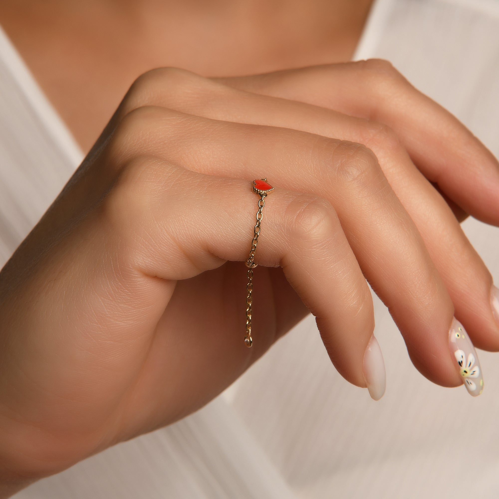 Cherry Mineli Kalp Ayarlanabilir Zincirli Altın Yüzük