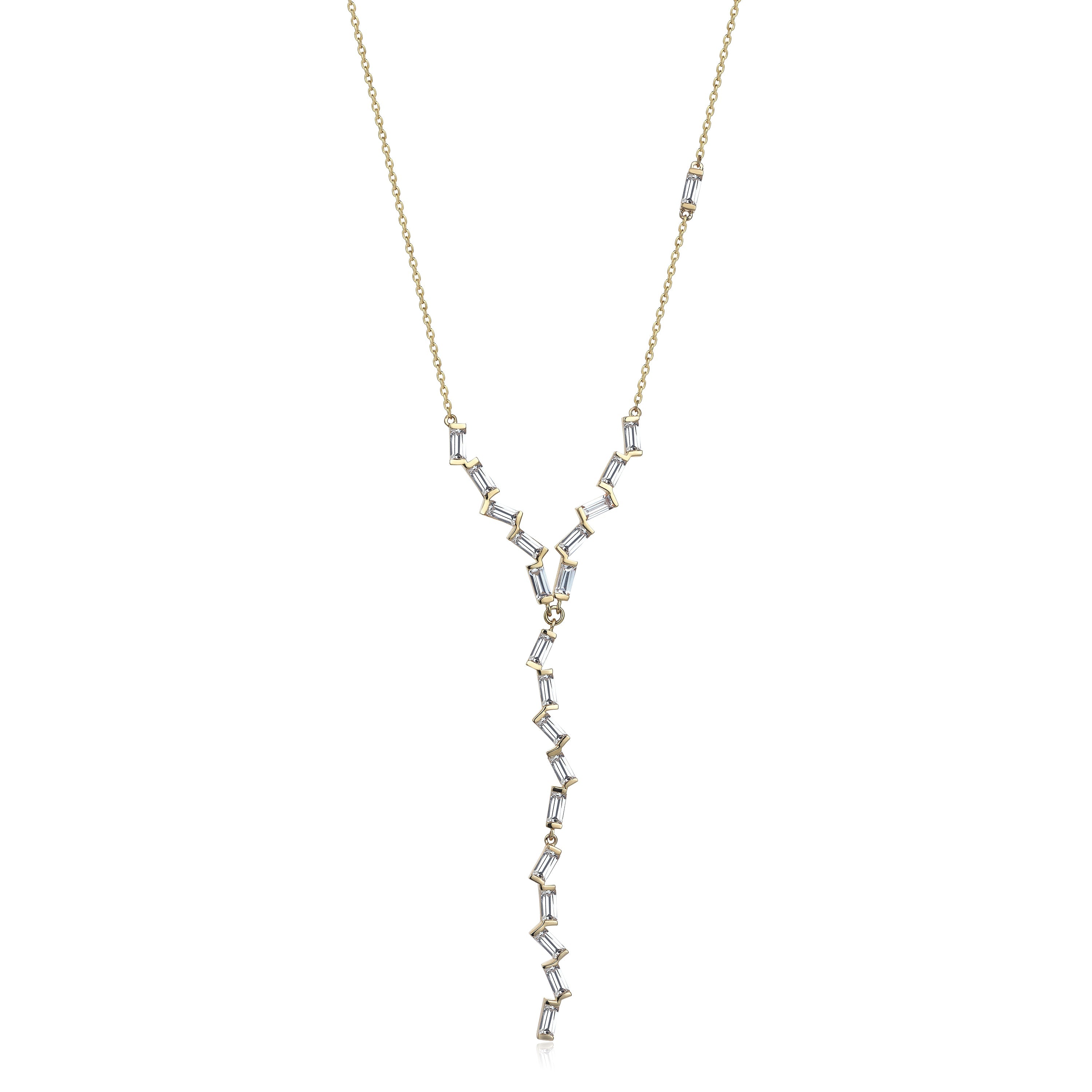 Bagetto Zigzag Sallantılı Taşlı Altın Kolye