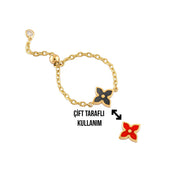 Cherry Mineli Çiçek Ayarlanabilir Zincirli Altın Yüzük (Çift Taraflı Kullanım)