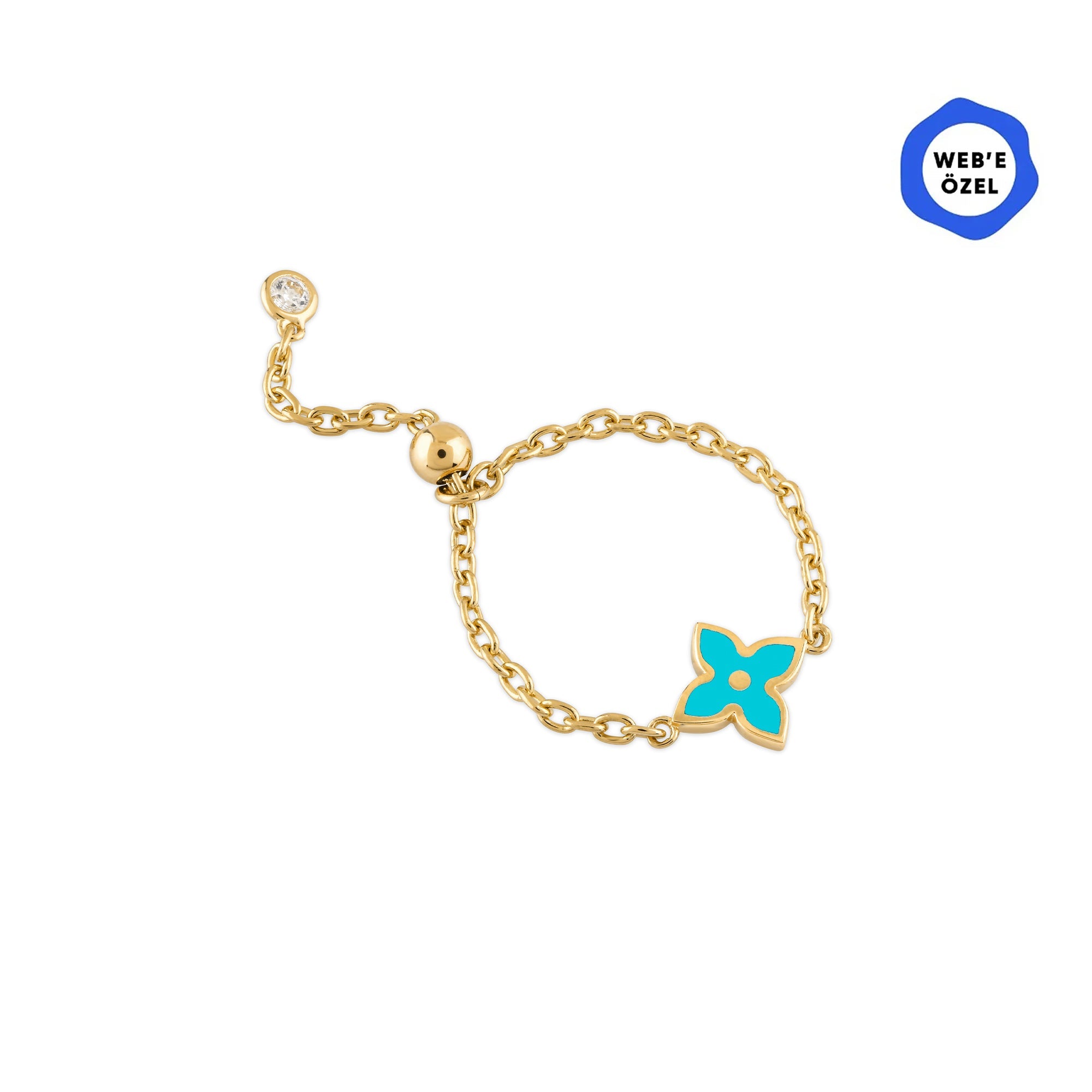 Cherry Mineli Çiçek Ayarlanabilir Zincirli Altın Yüzük (Çift Taraflı Kullanım)