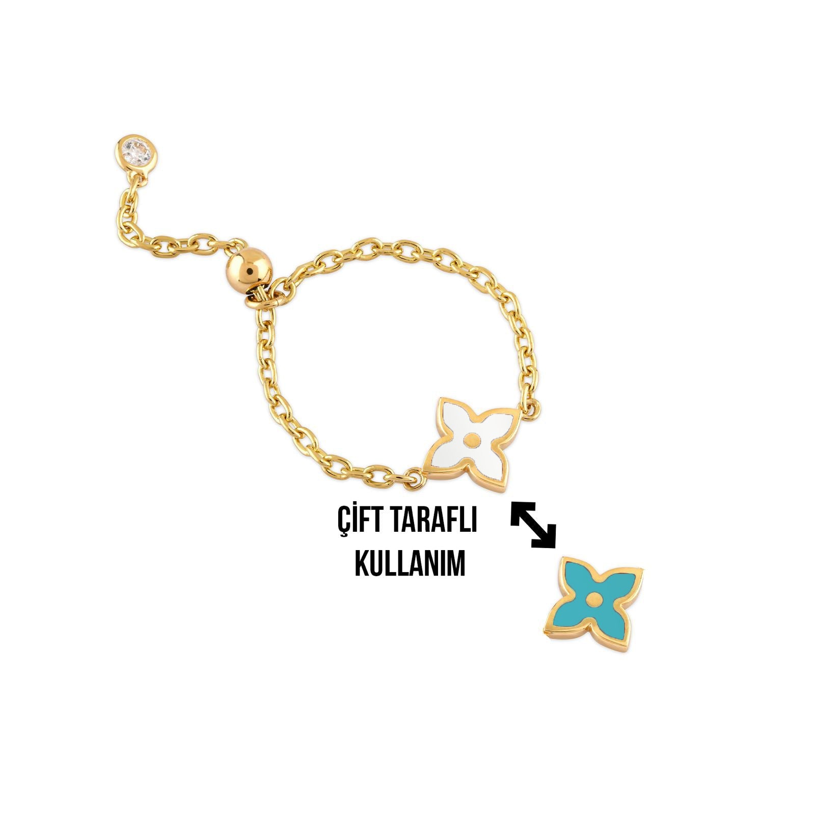 Cherry Mineli Çiçek Ayarlanabilir Zincirli Altın Yüzük (Çift Taraflı Kullanım)