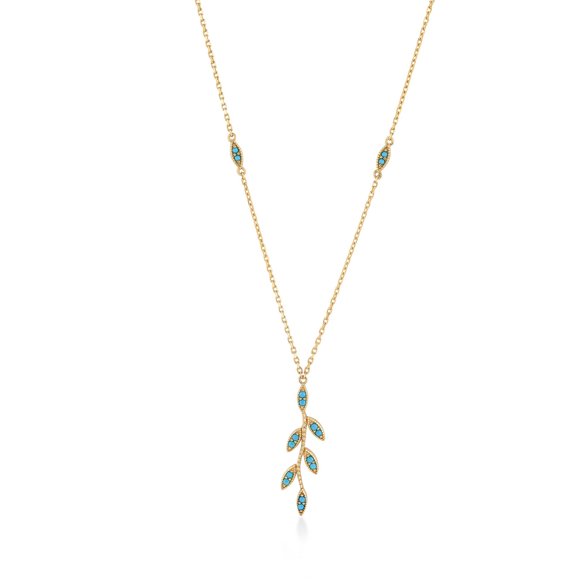 Dikey Defne Yaprağı Taşlı Altın Kolye