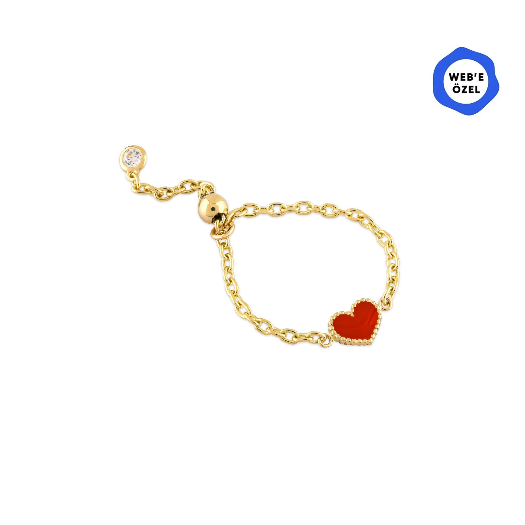 Cherry Mineli Kalp Ayarlanabilir Zincirli Altın Yüzük