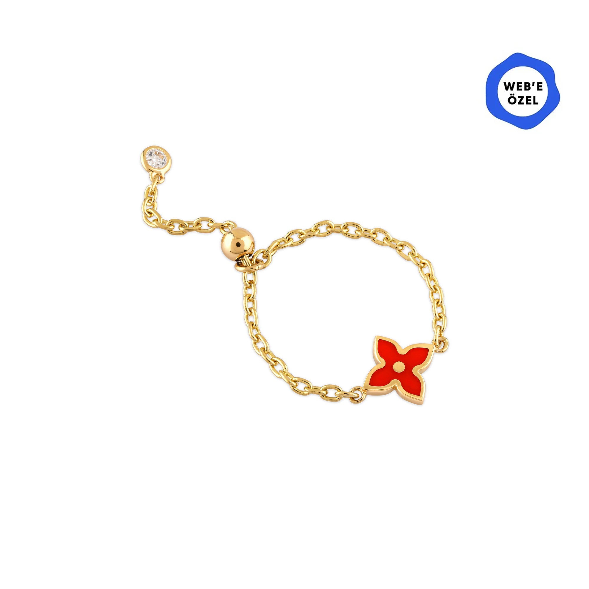 Cherry Mineli Çiçek Ayarlanabilir Zincirli Altın Yüzük (Çift Taraflı Kullanım)