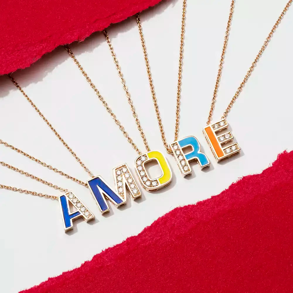 A Harf Pırlanta Taşlı ve Mor Mineli Rose Altın Kolye