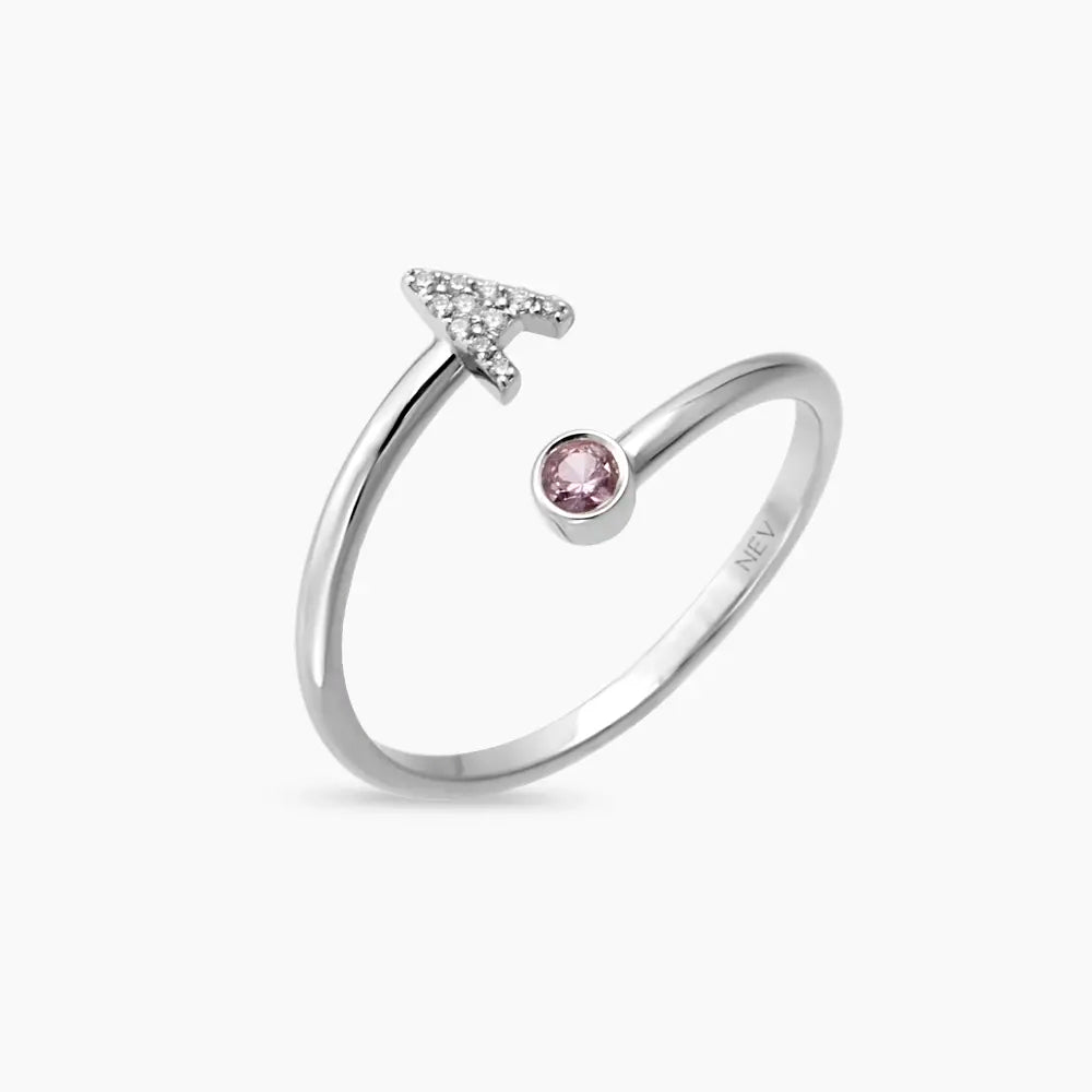 A Harf Pırlanta ve Purple Safir Taşlı Beyaz Altın Yüzük
