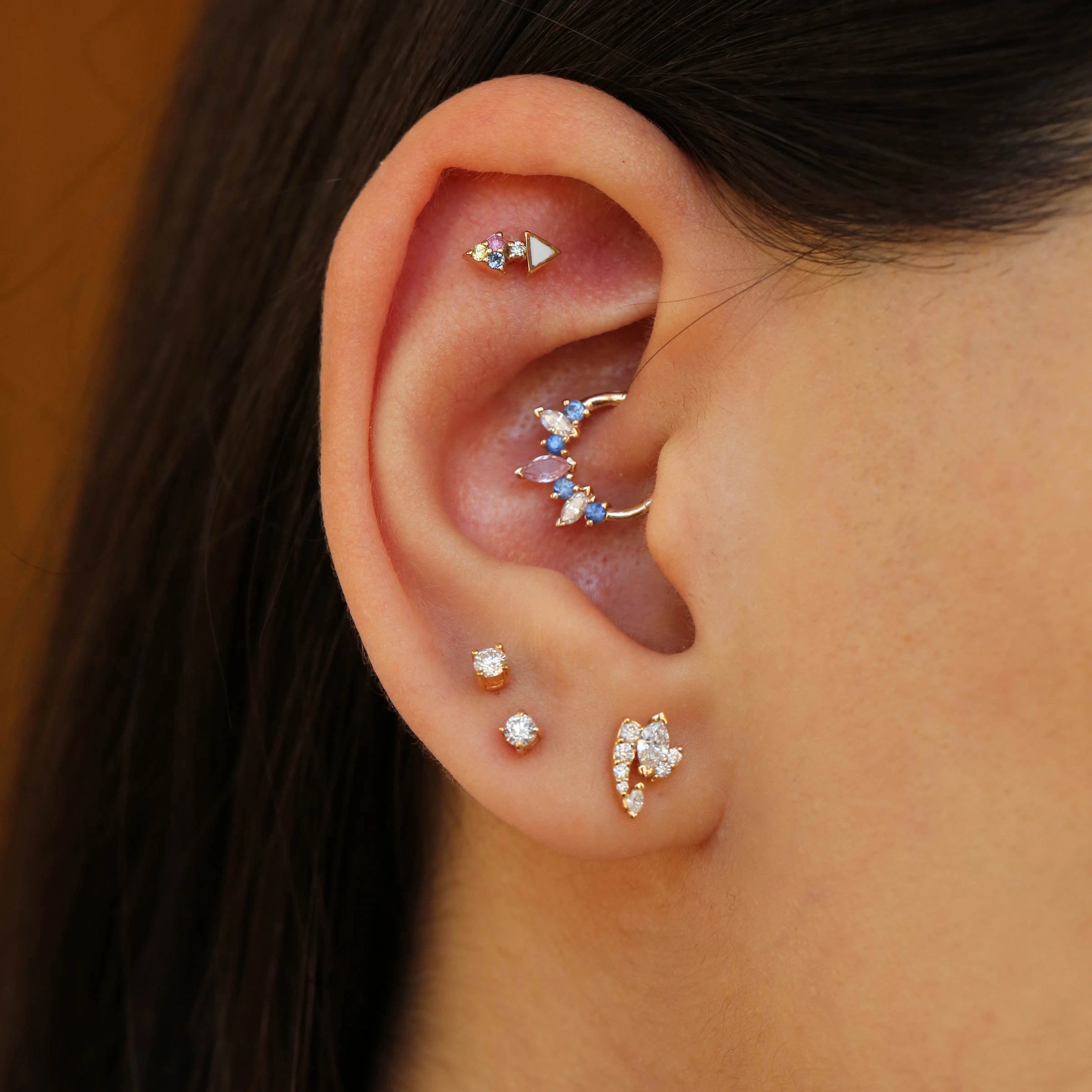 Afra Multicolor Safir Taşlı ve Beyaz Mineli Rose Altın Piercing