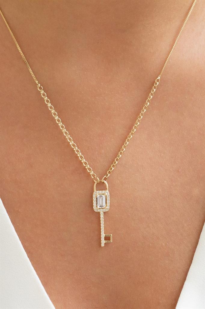 Gold Baguette Stone Key Necklace