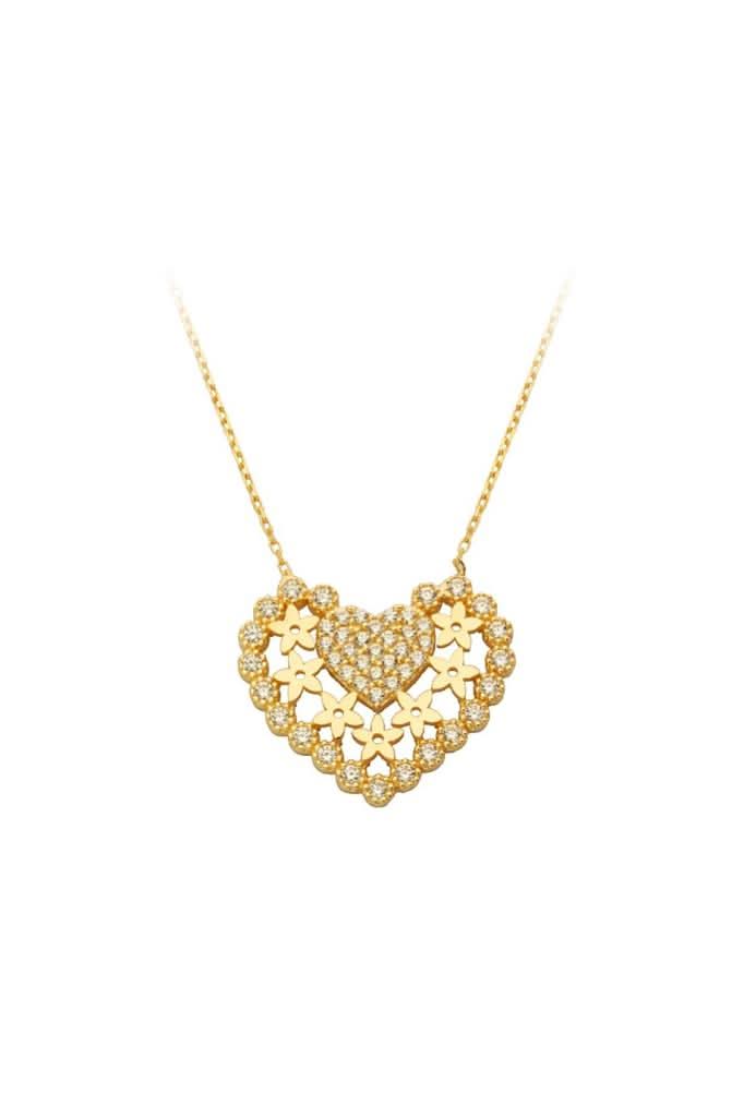 Altın Çiçek Motifli Kalp Kolye