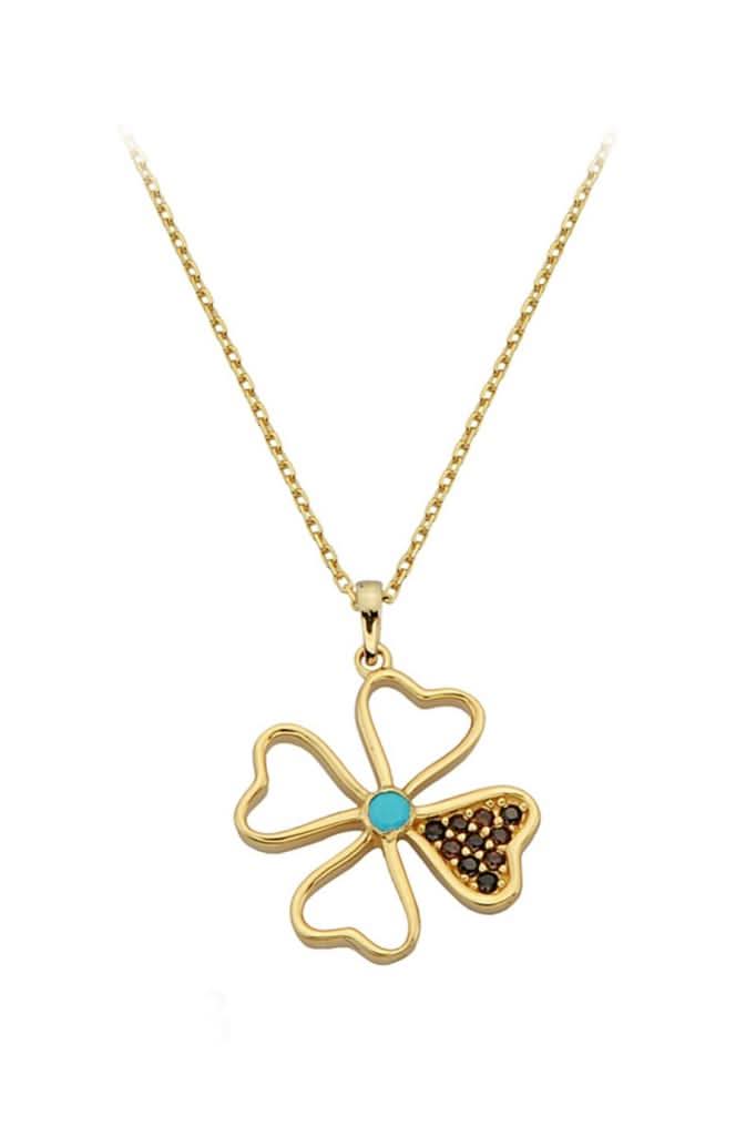 Altın Firuze Taşlı Yonca Kolye