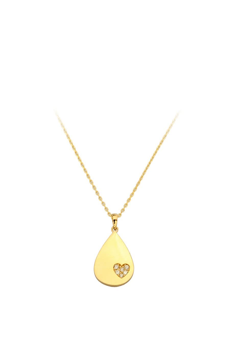 Altın Kalp Detaylı Damla Kolye