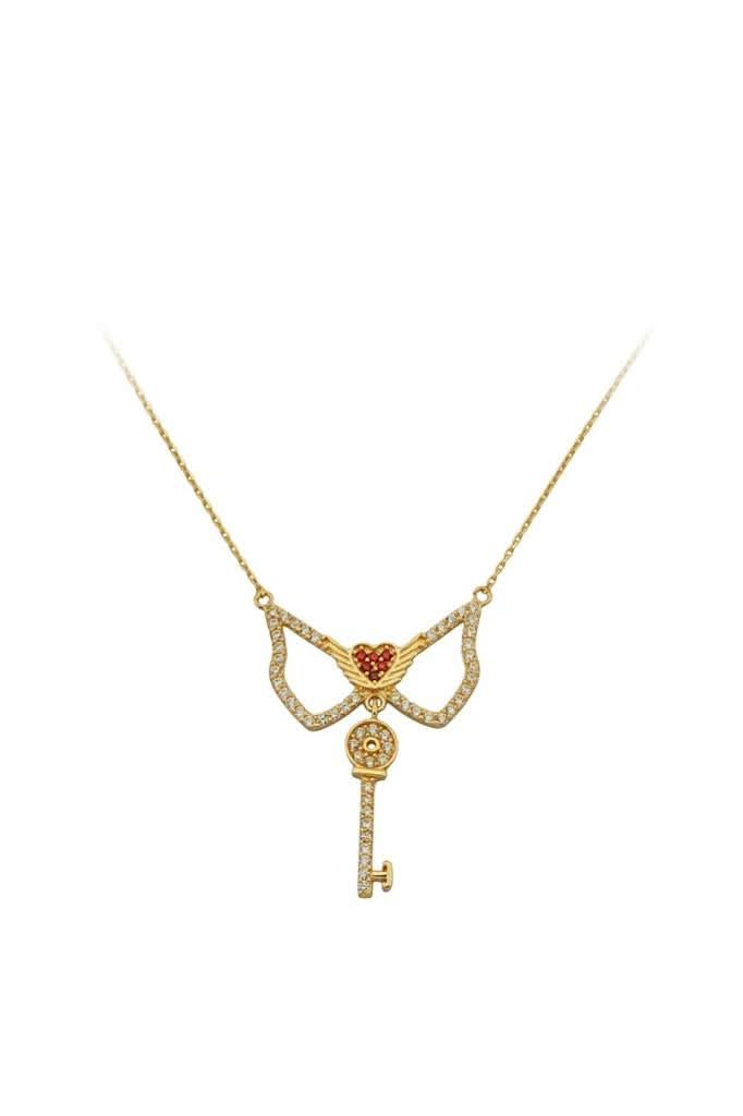 Altın Kanatlı Kalp Ve Anahtar Kolye
