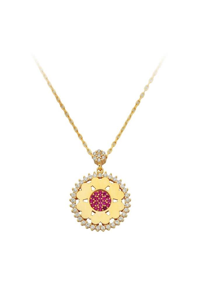 Altın Kırmızı Taşlı Kalpli Kolye