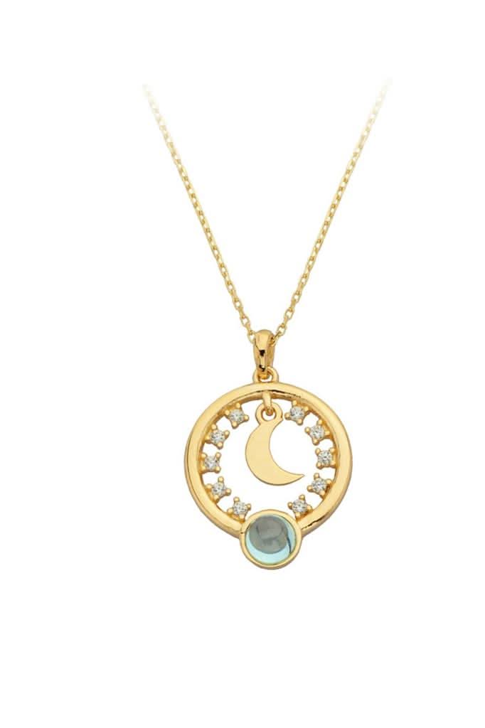Altın Mavi Taşlı Halka Ay Kolye