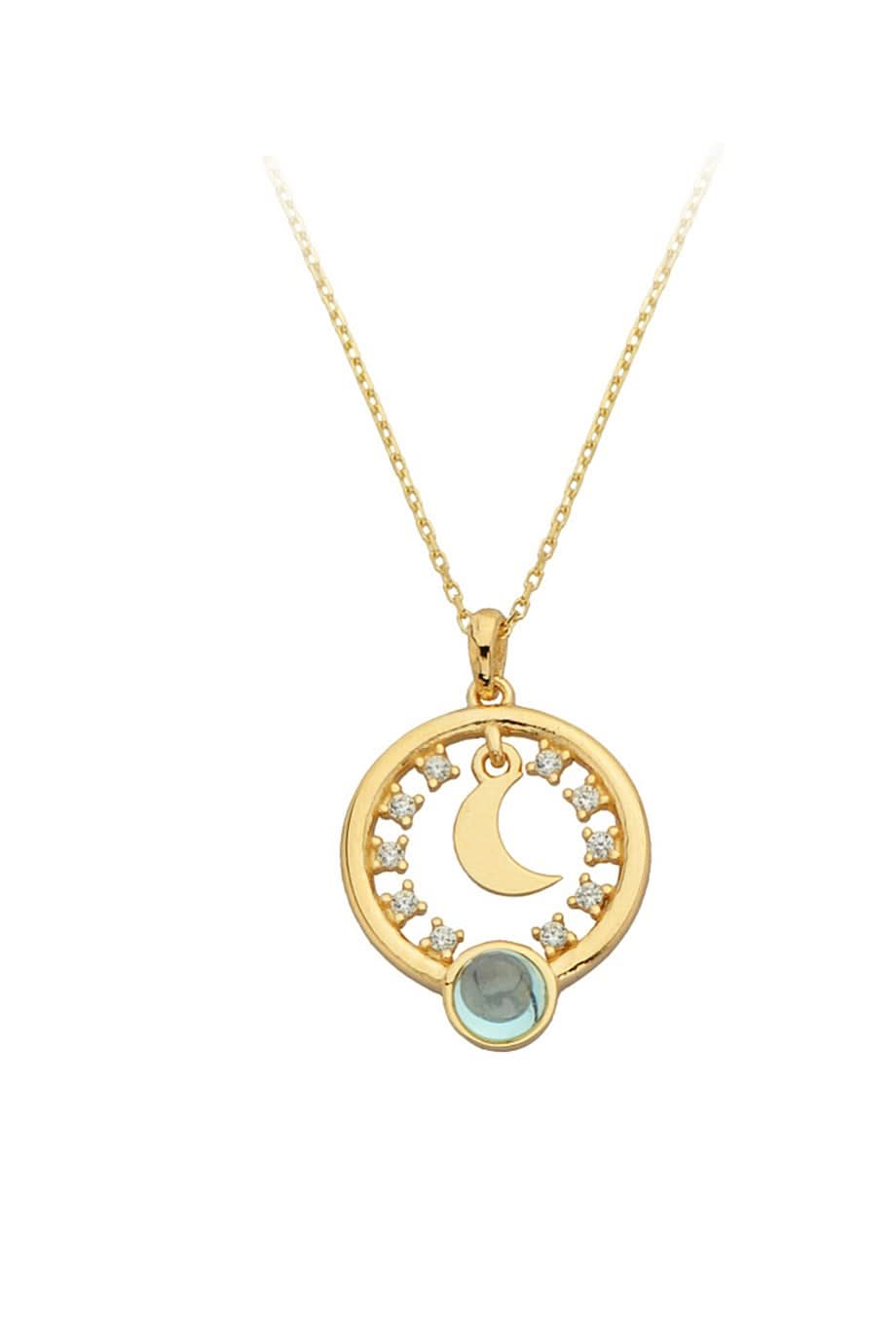 Altın Mavi Taşlı Halka Ay Kolye