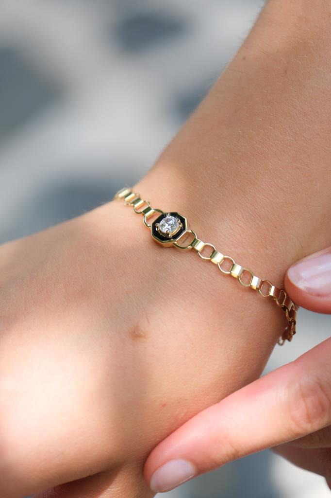 Gold Black Enamel Baguette Stone Bracelet