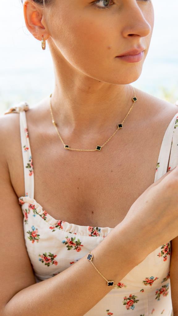 Gold Black Enamel Clover Cleef Necklace