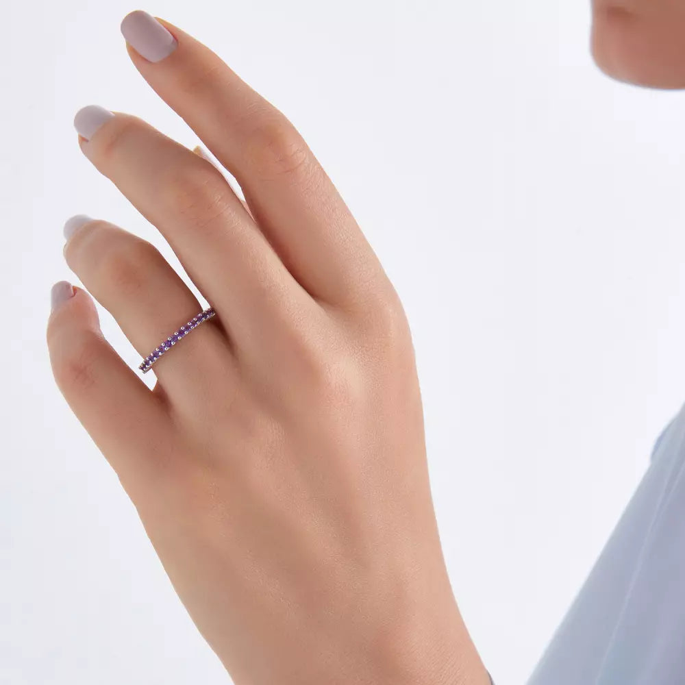 Ametist Taşlı Yarımtur Beyaz Altın Yüzük