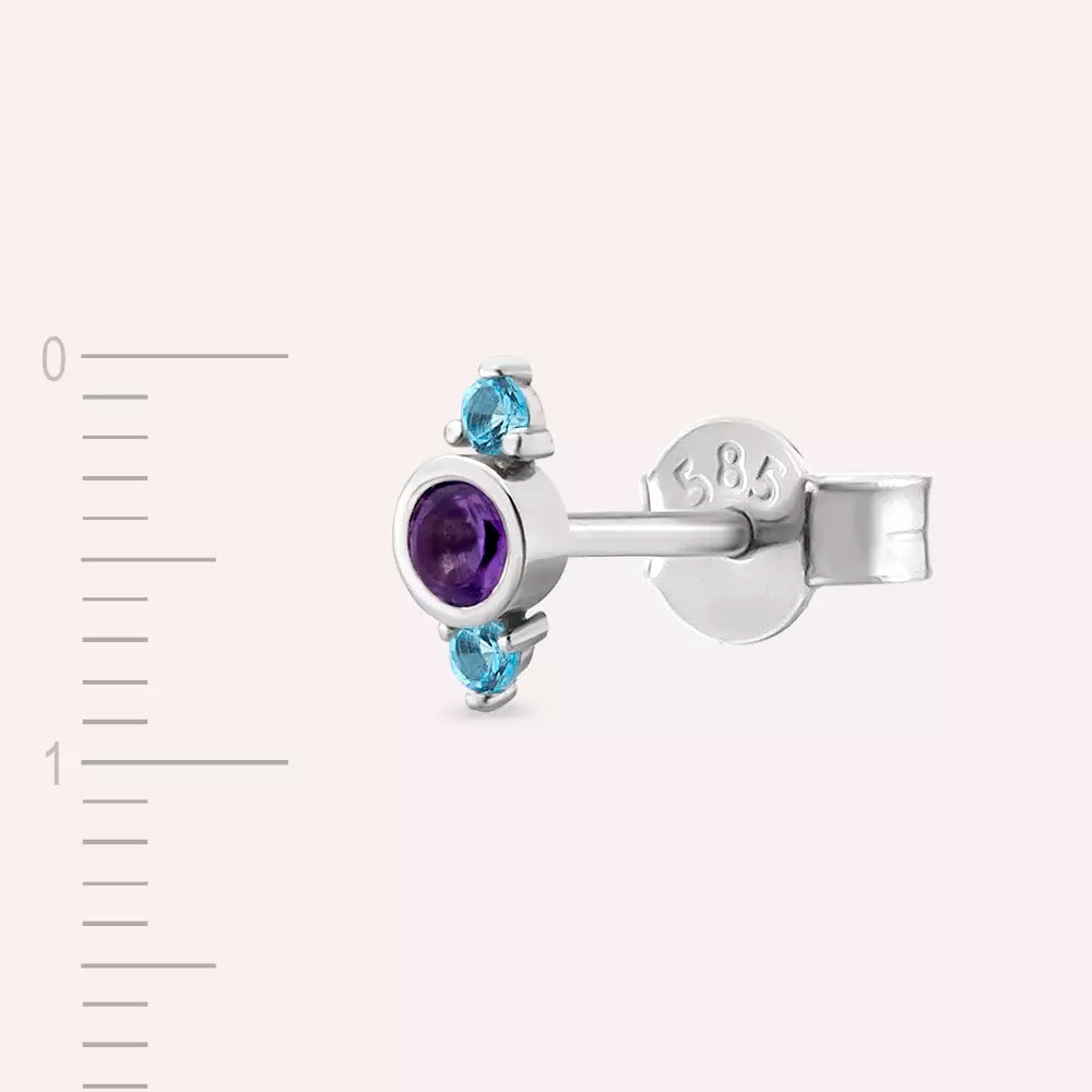 Andy Ametist ve Blue Topaz Taşlı Beyaz Altın Tek Küpe