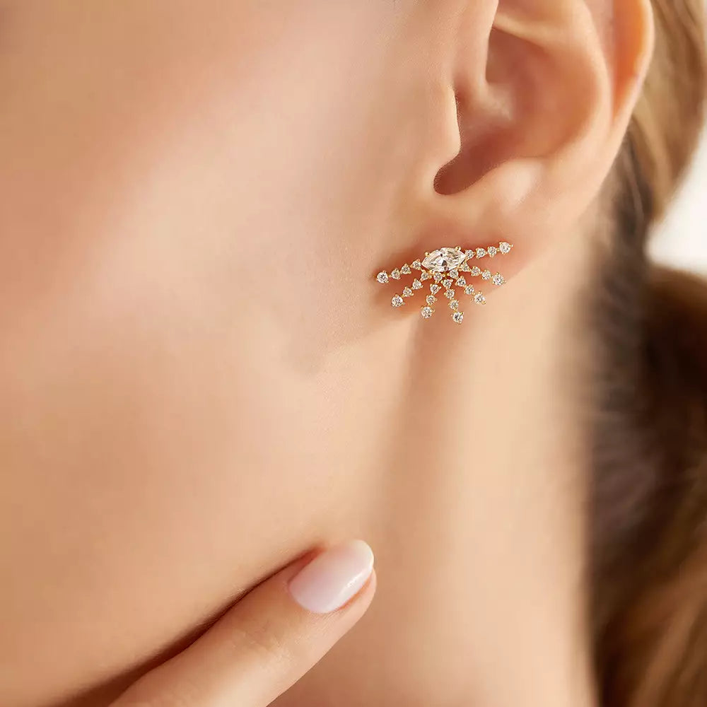 Aura Pırlanta Taşlı Sarı Altın Küpe