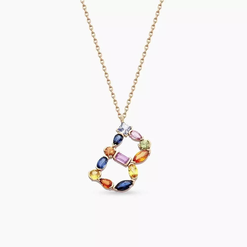 B Harf Multicolor Safir Taşlı Rose Altın Kolye