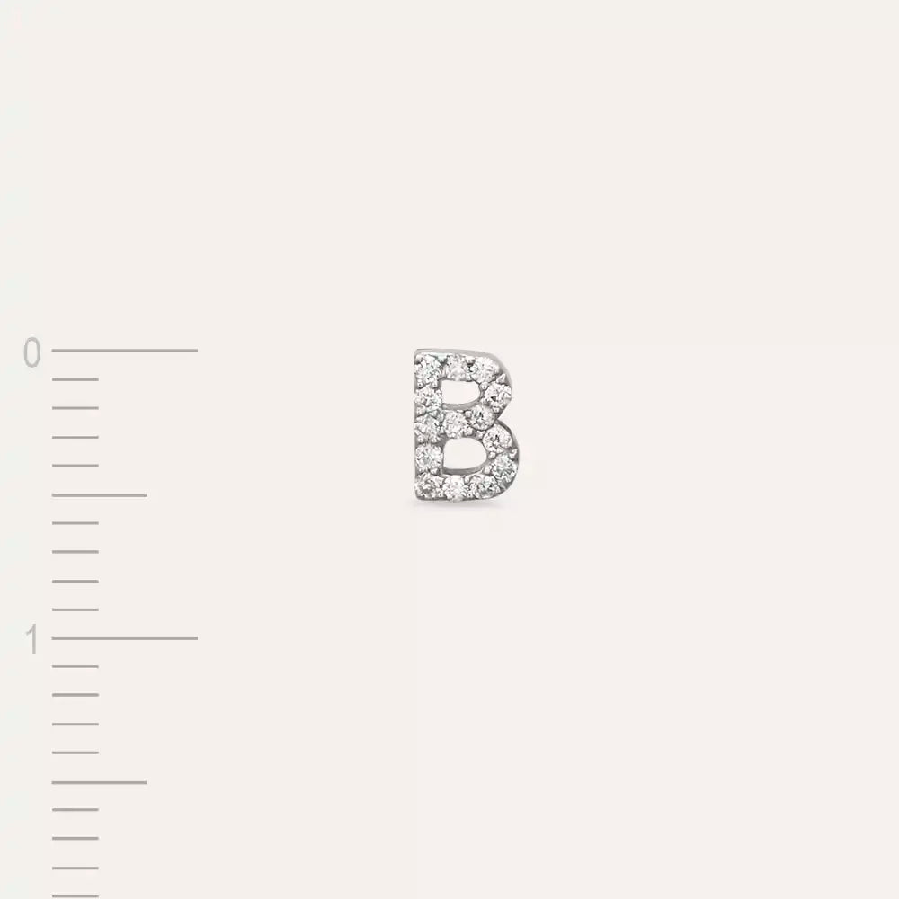 B Harf Pırlanta Taşlı Beyaz Altın Tek Küpe