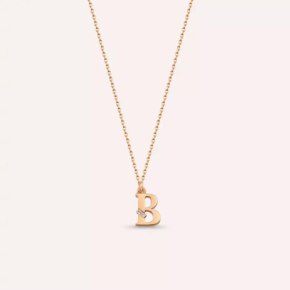 B Harf Pırlanta Taşlı Rose Altın Kolye