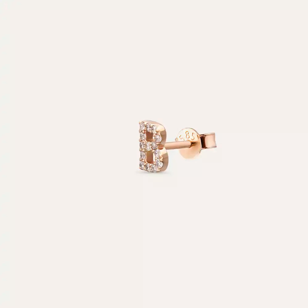 B Harf Pırlanta Taşlı Rose Altın Tek Küpe