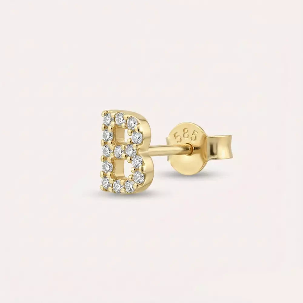 B Harf Pırlanta Taşlı Sarı Altın Tek Küpe