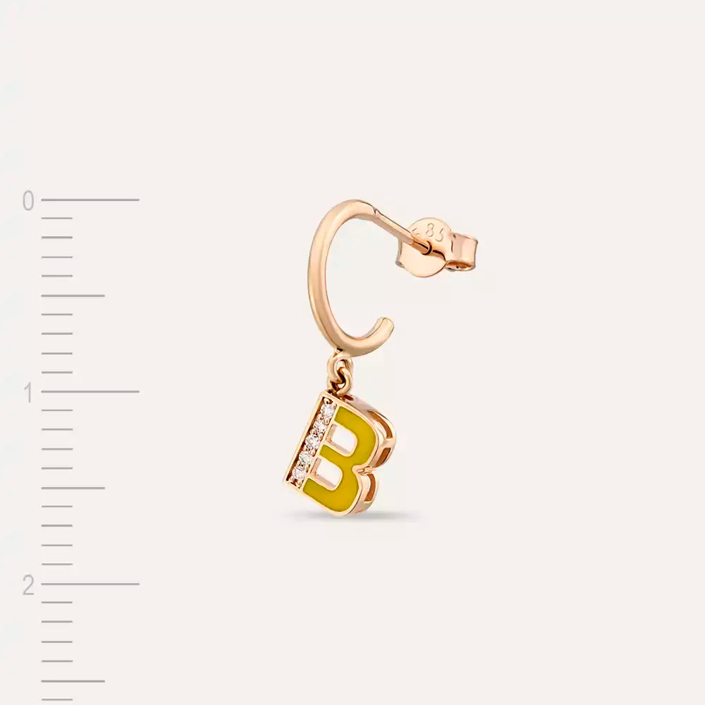 B Harf Sarı Mineli ve Pırlanta Taşlı Tek Küpe