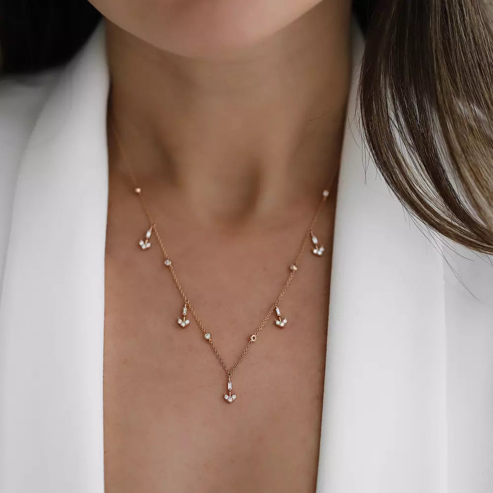 Barb II Baget Kesim Pırlanta Taşlı Rose Altın Kolye